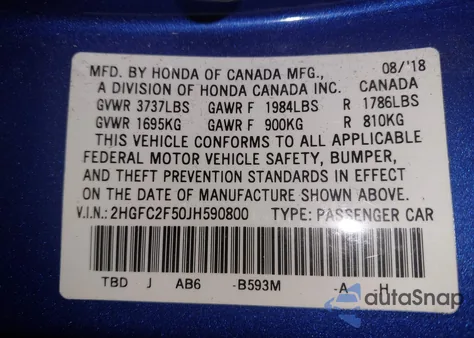 2018 Honda Civic Lx из США, поврежденный, VIN 2HGFC2F50JH590800